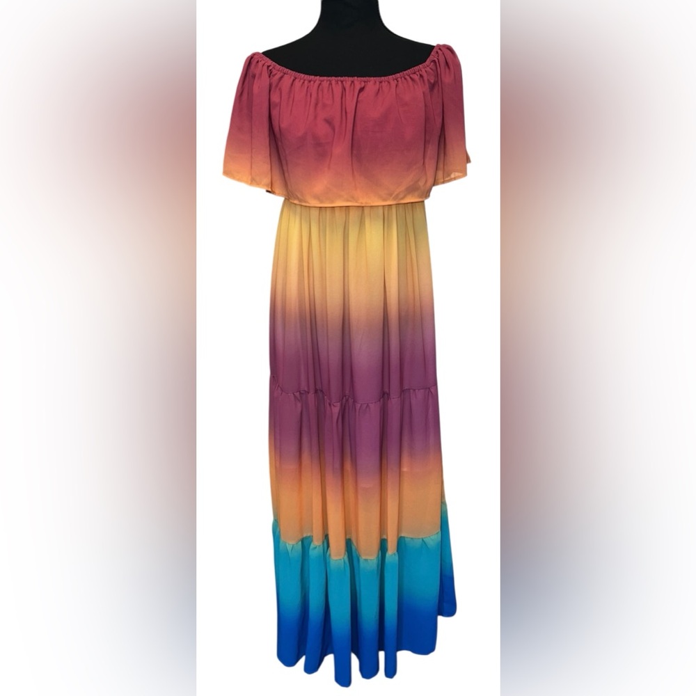Jess Lea Women’s Rainbow Off the Shoulder Flowy Bright Maxi Dress Sz M *see Desc